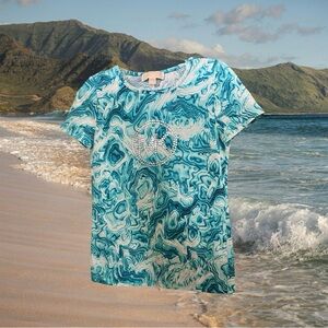 Michael Kors Blue and White Swirl Logo T-Shirt Size Small.